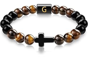 GIFT4U Armband mit Buchstaben, 8 mm Perlenarmband Herren Tigerauge Perlenarmband Herren, Kreuz Armband Geschenke für Männer, Christliche Geschenke für Mama Papa Sohn Enkel Opa