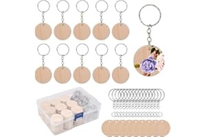 BUYGOO 100 Pcs Round Wood with Keyring,35mm Wooden Discs,DIY Craft Wooden Discs with 3mm Hole and 100pcs Key Rings for DIY Home Improvement Christmas Decorations Ornaments Hanging Decorations