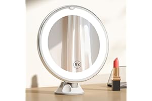 ‎EMKE EMKE Tischspiegel mit Beleuchtung mit 5 Fach Vergrößerungsspiegel, LED Schminkspiegel 360° Schwenkbar mit Saugnapf, Schminkspiegel mit Beleuchtung Tragbarer Kosmetikspiegel für unterwegs（Weiß）