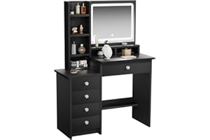 ZenkiHome Dressing Table, Vanity Desk with Large Mirror and Adjustable Lights, 90cm Black Dressing Table for Girls and Adults