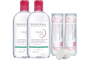 Pack Eau Micellaire Créaline H2O BIODERMA 2 x 500 ml et 2 x 80 Cotons Ronds HEXACARE OFFERTS – Nettoyant & Démaquillant Visage et Yeux – Peaux Sensibles – Sans Rinçage – Haute Tolérance