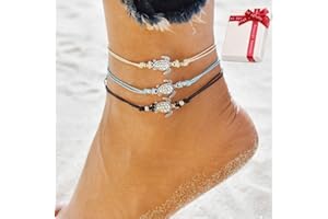 Ouceanwin Boho Turtle Fußkette Damen Fußbändchen Schildkröte, 3 Stück Fußkette Lederband Mode Knöchel Armband Perlen Verstellbar Charm Fußband Handmade Schmuck für Frauen und Mädchen