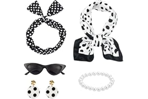 SHDIEHJFMLDH Accesorios para mujer de los años 50, accesorios rockabilly, negro con bufanda de gasa, gafas de ojo de gatos, polka puntos, bandana, corbata, diadema, pendientes para los años 60, ropa de 1950s
