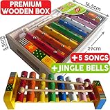 Childrens Wooden Musical Instrument - Xylophone Glockenspiel - presented in wooden box and Song Sheets with 5 tunes, 18 months+