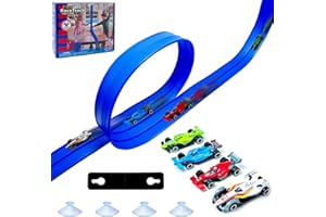 DONGTATA 4M Flexible Racing Track Set DIY Car Track with 4 Cars, Car Race Track with Suction Cups, Portable Flexible Race Track Roll Up DeepMold-004