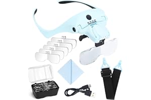 YOCTOSUN Magnifying Glasses with Light for Close Work, Head Magnifier with 4 LED Lights and 5 Detachable Lenses 1X to 3.5X,Rechargeable Hands Free Headband Magnifier Glasses for Crafts, Hobby