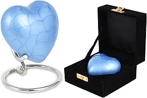 URNSWITHLOVE Small Keepsake Heart Cremation Urn For Ashes With New Improved Lid, Mini Heart Memorial Urn With Box & Stand (Blue Aluminium)