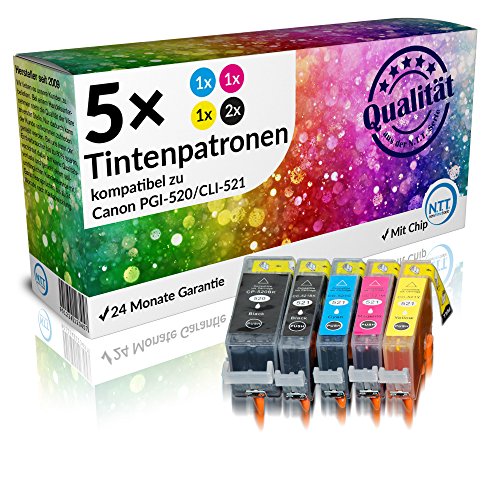 N.T.T.® 5x Stück (1 SATZ) kompatible XL Tintenpatronen mit CHIP & Füllstandanzeige, direkt einsetzbar für Canon Pixma MP 980 MP 990 IP 3600 IP 4600 IP 4700 MP 540 MP 550 MP 560 MP 620 MP 630 MP 640 MX 860 kompatibel zu PGI 520 CLI 521 Schwarz Cyan Gelb Magenta - PREMIUM QUALITÄT -