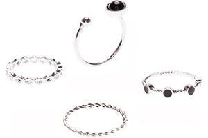 Happiness Boutique Set di 4 Anelli Impilabili in Argento | Anelli a Fascia con Design d’Ispirazione Vintage e Gemme Nere