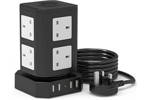 Tower Extension Lead with USB Solts by HAFINO, [13A 3250W] Surge Protected Extension Lead, 8 Way Multi Plug Extension Tower & 4 USB Ports, Multi Plug Socket Tower Power with Swith for Home, Office