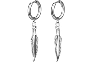 INFINIONLY Men's Women's Stainless Steel Feather Zirconia Earrings Hoops Novelty Earrings Dangles for Boys Fashion Piercing Statement Earrings Creative Stainless Steel Jewellery