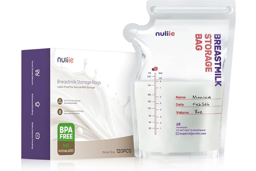 Nuliie 120 Pcs Breast Milk Storage Bags, 250ml BPA Free Milk Storage Bags with Pour Spout for Breastfeeding, Self-Standing or Flat Pre-sterilised Bag, Space Saving for Fridge or Freezer Use