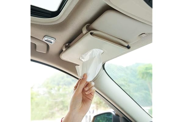 Cabius Car Tissue Box & Napkin Holder PU Leather Paper Towel & Wipes Case for Sun Visor Holder Universal Car Interior Accessory Compatible with All Cars (Beige)