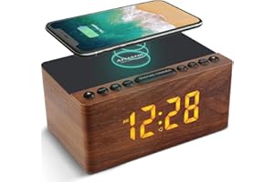 Radio Réveil Numérique en Bois avec Radio FM,Station de Charge sans fil Rapide Pour iPhone/Samsung Galaxy,Alarm Clock et Affichage LED,Variateur à 5 Niveaux,Port USB,Minuterie de Sommeil