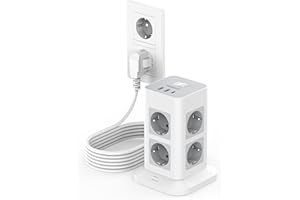 ‎TESSAN TESSAN przedłużacz, listwa zasilająca 3 m, ochrona przed przepięciem, 8 gniazd z 3 gniazdami USB, wieża z 3 gniazdami wtykowymi, z kablem przedłużającym 3 m, rozdzielacz do domu 3600 W 16 A