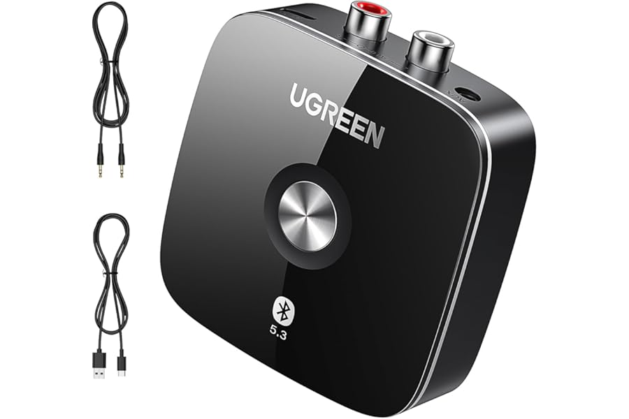 UGREEN Bluetooth 5.3 Receiver for Hi-Fi, Low Latency Audio, 3.5mm Jack Aux and RCA Connection, Long Range, Dual Pairing, Bluetooth Adapter for HiFi Amplifier, Home Stereo, Speaker