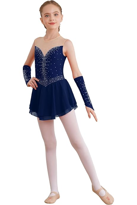 Ranrann Robe Patinage Artistique Fille - Justaucorps Gymnastique Avec Strass Et Manches Longues, 5-16 Ans