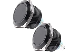 Powice 2X 22mm Taster Wasserdicht Momentaner Schalter aus Edelstahl,Druckschalter Drucktaster 5A/12V/24V/110V/230V,Geeignet für Autos, Zündanlagen, Türklingeln (Flacher Kopf), Schwarz