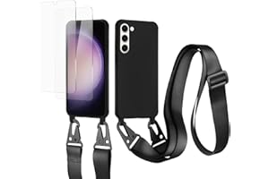vrupin kompatibel mit Samsung Galaxy S23 Handykette Hülle,[2 Stück Schutzfolie 9H Härte Gehärtete Folie].Necklace Hülle Nylon Schultergurt Weich Flüssiges Silikon-schwarz