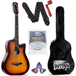 Intern 38 Inch Acoustic Guitar for Beginners with Bag, Strap, Strings, Picks & Winder | Cutaway Design | Steel String Guitar for Kids & Adults (Sun Burst)