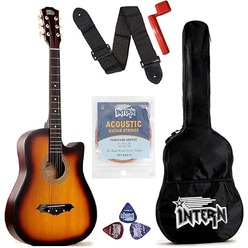 Intern 38 Inch Acoustic Guitar for Beginners with Bag, Strap, Strings, Picks & Winder | Cutaway Design | Steel String Guitar for Kids & Adults (Sun Burst)