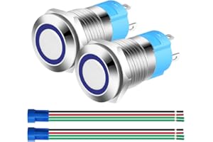Gebildet 2pcs 0.47 Inch/12mm Stainless Steel Momentary Push Button 12V-24V 3A LED Normally Open SPST ON Off Waterproof with Wire Socket Plug (Blue LED)