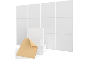 KUCHOOW Acoustic Wall Panels Self-Adhesive, 12 Pcs Sound Absorbing Panels for Studio, Bedroom, Living Room, Office, Gaming, Ceiling, Door Acoustic Treatment, White, 12" X 12" X 0.4"