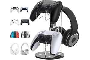 MoKo Universal Soporte Mandos, 2 en 1 Soporte para Auriculares y Gamepad Organizador de Acrílico Controlador para Mesa Compatible con Switch/Switch 2, PS5, PS4, Xbox One, Serie Xbox, Negro y Claro