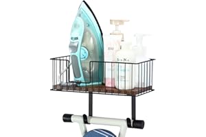 SHINOSKE Gancio per ASSE da Stiro in Metallo, Porta Ferro e ASSE da Stiro a Parete per Lavanderia, Supporto per ASSE da Stiro a Muro con Cestello di Base in Legno e Ganci Rimovibili (Nero)