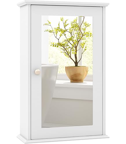 Armoire Murale Salle De Bain Avec Miroir - MDF Blanc - 34x15x53 Cm - 1 Porte, 2 Étagères - Rangement Économiseur D'Espace