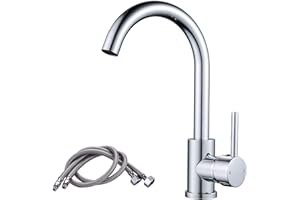 NewEast Kitchen Mixer Taps, Stainless Steel Single Lever Kitchen Monobloc Sink Tap with Swivel Spout and Hoses, Chrome Brass