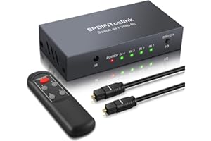 eSynic Digital Optical Audio Switcher Professional 4X1 Optical Audio Switcher Toslink Audio Switcher Box with IR Remote Control Supports PCM2.0 DTS Dolby-AC3 Compatible with PS3 PS4 HDTV etc