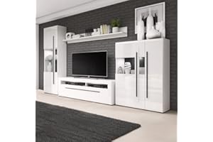 Lomadox Wohnwand weiß Hochglanz moderner Stil mit Glas, Absetzungen in schwarz und LED Beleuchtung, B/H/T: ca. 340/204/50 cm