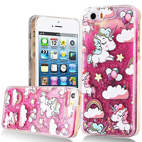 Coque iPhone SE Liquide Sables Mouvants , We Love Case Bling Glitter Étoile Paillettes Coque pour iPhone 5 / iPhone 5S Etui Bumper Dual Layer Plastique Dur Étui de Protection Sparkle Briller Quicksands Housse Cristal Clair Coque Strass Case Cover Transparent avec Cute Motif Licorne Rouge
