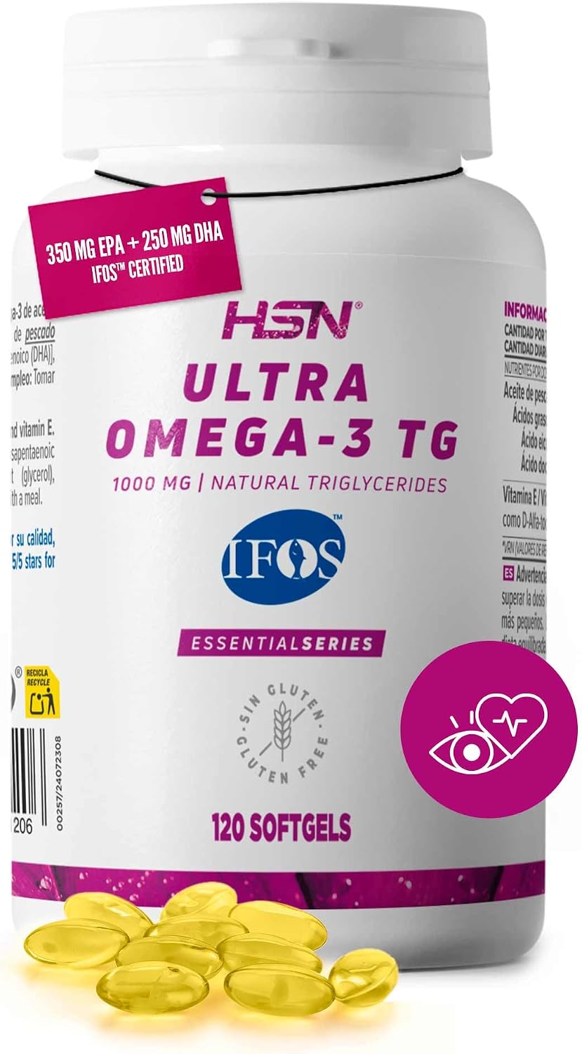 HSN Ultra Omega 3 TG IFOS 5 Estrellas | 120 Perlas | 1000mg Aceite de Pescado por Perla con 350mg EPA + 250mg DHA – Alta Absorción en Forma de Triglicéridos – Certificado Sin Metales Pesados