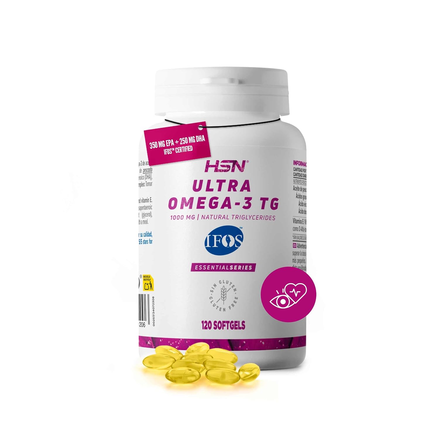 HSN Ultra Omega-3 TG 1000 mg IFOS - 120 Perlas | Aceite de Pescado Omega-3. 350mg EPA, 250mg DHA. Forma natural de triglicéridos. Con vitamina E. Libre de metales pesados