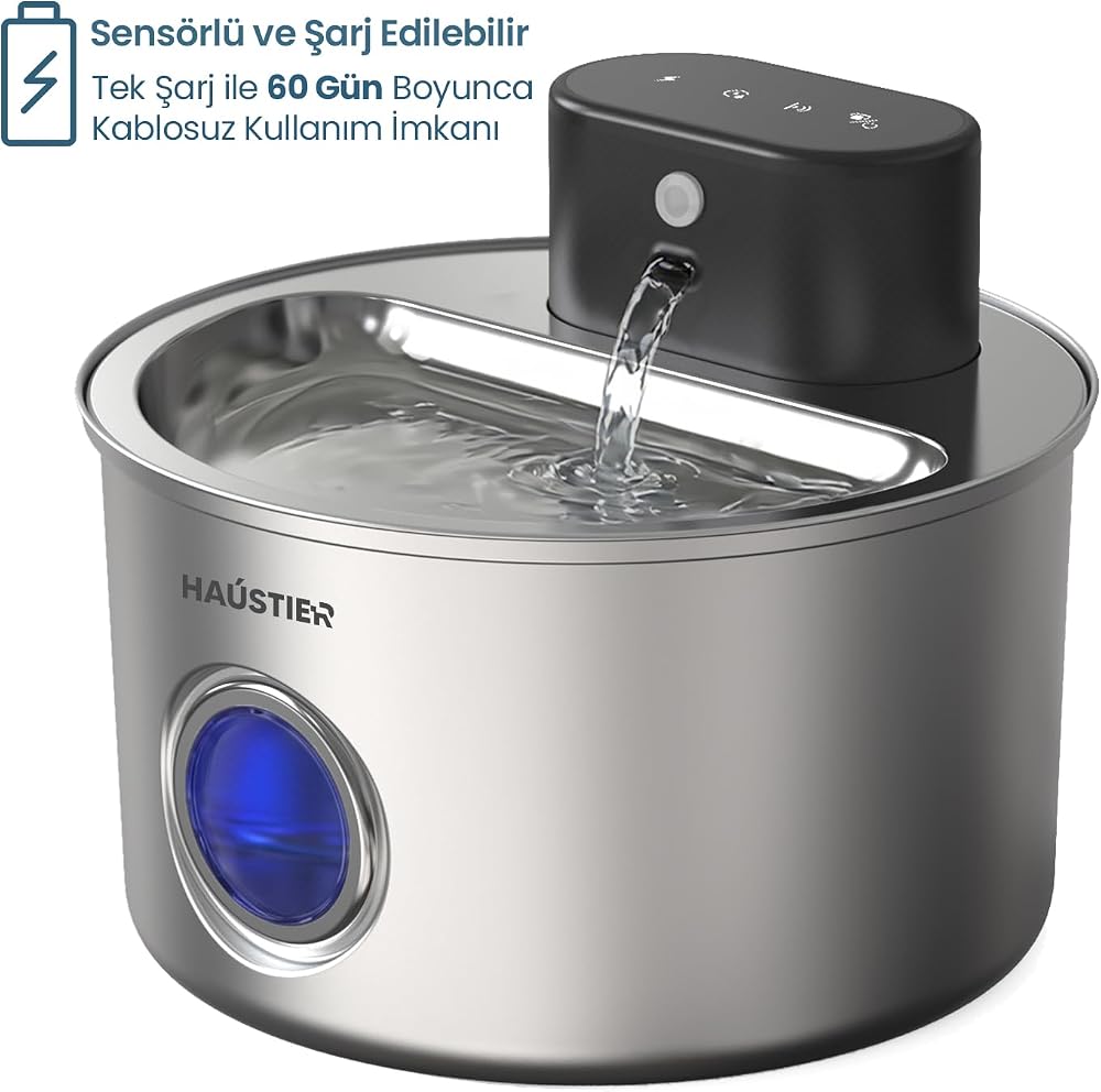 Haustier WF014 Otomatik Kedi Su Sebili, Su Pınarı, Radar Sensörlü, Şarj Edilebilir, 5200mAh Bataryalı, Kablosuz Kullanım, 4L Paslanmaz Çelik Metal Tasarım
