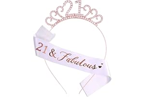 MIOSJI 21st Birthday Sash and Crystal Tiara Crown, 21st Birthday Gifts for Her Girls Birthday Decorations Party Accessories (Rose Gold)