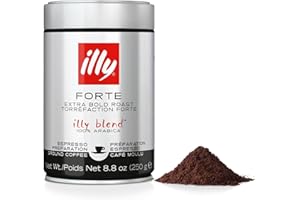 illy, Café Molido Espresso de Tueste FORTE, 100% Arábica con un Intenso Aroma a Pan Tostado y un Sabor Final a Chocolate Negro, Sabor Fuerte, 1 Lata de 250g
