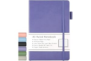 Beinushor Cuaderno A5 rayado, tapa dura con papel grueso de 100 g/m², bolsillo interior, banda elástica, cubierta de piel sintética, 192 páginas, 5.7 x 8.4 pulgadas (morado)