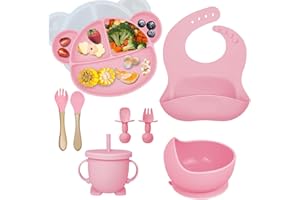 HOIDOKLY Kinderteller Sets Baby Geschirr Silikon Baby Teller Set 9 Stück BPA Frei Rutschfestes Baby Kindergeschirr Set mit Saugnapf Lätzchen Löffel Gabel Schüssel für Kinder-Rosa