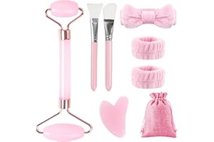 BORISCA Juego de Rodillo Cara Masaje y Piedra Gua Sha Masajeador Facial Jade Elimina la Hinchazón y Proporciona Cuidados Antes de Dormir Regalos Guasha Facial Jade para Familia, Amigos, Mantes (Rosa)