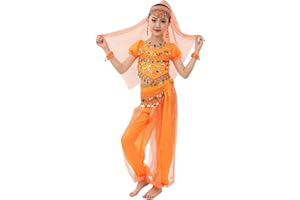 ORBGONS Robe Danse Orientale Enfant, Deguisement Indienne Femme, Robe Danse Orientale Enfant Costume Danse Fille Classique Belly Danse Costume Orientale Belly Dance Cosplay Halloween 3-12 Ans