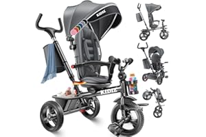 KIDIZ® Dreirad 6in1 Kinderdreirad mit Schubstange Lenkbar ab 9 Monaten bis 25Kg Jogger vorwärts & Rückwärtsfahrt, Korb Tasche Getränkehalter Sonnendach Gummiräder Buggy Fahrrad Baby Klappbar Grau