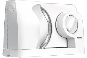 MPM MKR-05 Cortafiambres Eléctrico Plegable, Loncheador Rebanador de Pan, Grosor de Corte Ajustable hasta 15mm, Protector de Dedos, Disco Corte de Acero Inoxidable 17 cm, 150W, Blanco