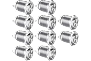 Gebildet 10Pcs 12mm Acero Inoxidable 2A 12V-24V-125V-250V Botón Pulsador Impermeable Botón Pulsador Momentáneo de Encendido y Apagado (Cabeza Plana)