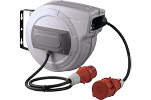 as - Schwabe CEE Carrete de cable retráctil automático 10 m H07RN-F 5G1,5-400V/16A/5 polo - Enrollador de manguera - 180° Giratorio - 1 m de cable de conexión - desmontable - para exterior, 12648