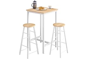 ‎WOLTU WOLTU Kwadratowy stół barowy z 2 stołkami, zestaw stołów kuchennych z płyty MDF i metalu, mały stół stojący do baru, kuchni, salonu, jasnego dębu + biały