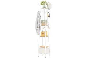 Hzuaneri wolnostojący wieszak na ubrania z 3 półkami, wieszak na ubrania z 16 haczykami na szaliki, czapki, z 1 koszem do przedpokoju, salonu, kolor złotego dębu biała CR27316W