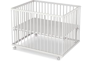 Sämann Laufstall Baby 75x100 cm | TÜV geprüft 2023 | stufenlos höhenverstellbar | Laufgitter Premium | Babybett aus Holz | Krabbelgitter Komplettset weiß